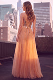 Golden Sparkly A-Line Strapless Tulle Maxi Prom Dress with Mirror