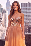 Golden Sparkly A-Line Strapless Tulle Maxi Prom Dress with Mirror