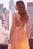 Golden Sparkly A-Line Strapless Tulle Maxi Prom Dress with Mirror