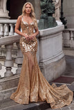 Saprkly Sequins Corset Golden Mermaid Maxi Prom Dress with Mirror