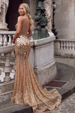 Saprkly Sequins Corset Golden Mermaid Maxi Prom Dress with Mirror