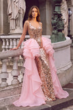 Golden Sparkly Mermaid V-Neck Ruffled Maxi Prom Dress with Mirror