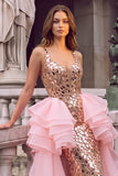Golden Sparkly Mermaid V-Neck Ruffled Maxi Prom Dress with Mirror