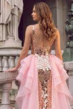 Golden Sparkly Mermaid V-Neck Ruffled Maxi Prom Dress with Mirror