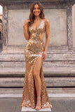 Golden Sparkly Mermaid V-Neck Cut Out Maxi Prom Dress with Mirror