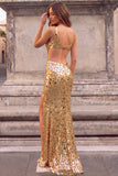 Golden Sparkly Mermaid V-Neck Cut Out Maxi Prom Dress with Mirror