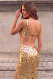 Golden Sparkly Mermaid V-Neck Cut Out Maxi Prom Dress with Mirror