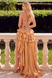 Sparkly Golden Spaghetti Straps Ruffled Tiered High-Low Prom Dress with Mirror