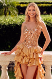 Sparkly Golden Spaghetti Straps Ruffled Tiered High-Low Prom Dress with Mirror
