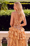 Sparkly Golden Spaghetti Straps Ruffled Tiered High-Low Prom Dress with Mirror