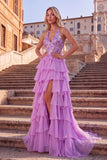 Sparkly Lilac A-Line Halter Ruffled Tiered Sequins Maxi Prom Dress with Slit