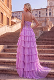 Sparkly Lilac A-Line Halter Ruffled Tiered Sequins Maxi Prom Dress with Slit