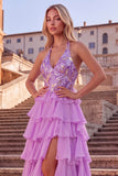 Sparkly Lilac A-Line Halter Ruffled Tiered Sequins Maxi Prom Dress with Slit