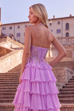 Sparkly Lilac A-Line Halter Ruffled Tiered Sequins Maxi Prom Dress with Slit