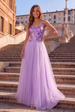 Lilac A-Line Sparkly Thick Straps Sequins Tulle Lace Up Maxi Prom Dress