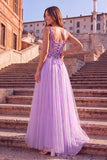 Lilac A-Line Sparkly Thick Straps Sequins Tulle Lace Up Maxi Prom Dress