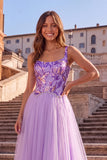 Lilac A-Line Sparkly Thick Straps Sequins Tulle Lace Up Maxi Prom Dress