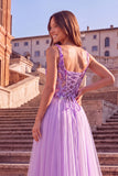 Lilac A-Line Sparkly Thick Straps Sequins Tulle Lace Up Maxi Prom Dress