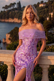 Saprkly Lilac Mermaid Off the Shoulder Sequins Long Prom Dress with Slit