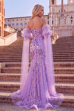 Lilac Sparkly Mermaid Strapless Sequins Maxi Lace Up Prom Dress with Sleeves