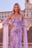 Lilac Sparkly Mermaid Strapless Sequins Maxi Lace Up Prom Dress with Sleeves