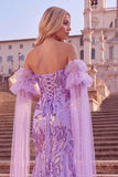 Lilac Sparkly Mermaid Strapless Sequins Maxi Lace Up Prom Dress with Sleeves