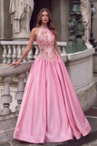 Sparkly Sequins Pink A-Line High Neck Floral Maxi Prom Dress with Appliques