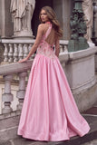 Sparkly Sequins Pink A-Line High Neck Floral Maxi Prom Dress with Appliques