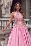 Sparkly Sequins Pink A-Line High Neck Floral Maxi Prom Dress with Appliques