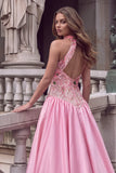 Sparkly Sequins Pink A-Line High Neck Floral Maxi Prom Dress with Appliques