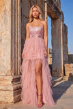 Sparkly Floral Sequins Ruffled Pink Strapless A-Line High Low Prom Dress with Appliques