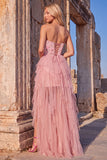 Sparkly Floral Sequins Ruffled Pink Strapless A-Line High Low Prom Dress with Appliques