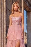 Sparkly Floral Sequins Ruffled Pink Strapless A-Line High Low Prom Dress with Appliques
