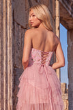 Sparkly Floral Sequins Ruffled Pink Strapless A-Line High Low Prom Dress with Appliques