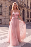 Sparkly Sequins Pink A-Line Strapless Floral Maxi Prom Dress with Appliques