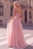 Sparkly Sequins Pink A-Line Strapless Floral Maxi Prom Dress with Appliques