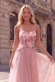 Sparkly Sequins Pink A-Line Strapless Floral Maxi Prom Dress with Appliques