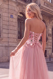 Sparkly Sequins Pink A-Line Strapless Floral Maxi Prom Dress with Appliques