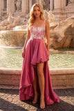 Pink Sparkly Sequins A-Line Square Neck Floral High-Low Prom Dress