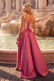 Pink Sparkly Sequins A-Line Square Neck Floral High-Low Prom Dress