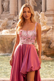 Pink Sparkly Sequins A-Line Square Neck Floral High-Low Prom Dress