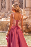 Pink Sparkly Sequins A-Line Square Neck Floral High-Low Prom Dress