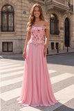 Pink Floral Sparkly A-Line Sequins Off the Shoulder Maxi Prom Dress with Appliques