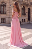 Pink Floral Sparkly A-Line Sequins Off the Shoulder Maxi Prom Dress with Appliques