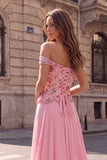 Pink Floral Sparkly A-Line Sequins Off the Shoulder Maxi Prom Dress with Appliques