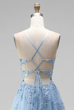 Sparkly Light Blue Corset Floral A-Line Spaghetti Straps Sequins Long Prom Dress with Slit