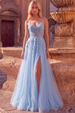 Sparkly Light Blue Corset Floral A-Line Spaghetti Straps Sequins Long Prom Dress with Slit