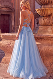 Sparkly Light Blue Corset Floral A-Line Spaghetti Straps Sequins Long Prom Dress with Slit