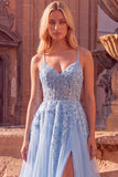 Sparkly Light Blue Corset Floral A-Line Spaghetti Straps Sequins Long Prom Dress with Slit