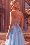 Sparkly Light Blue Corset Floral A-Line Spaghetti Straps Sequins Long Prom Dress with Slit